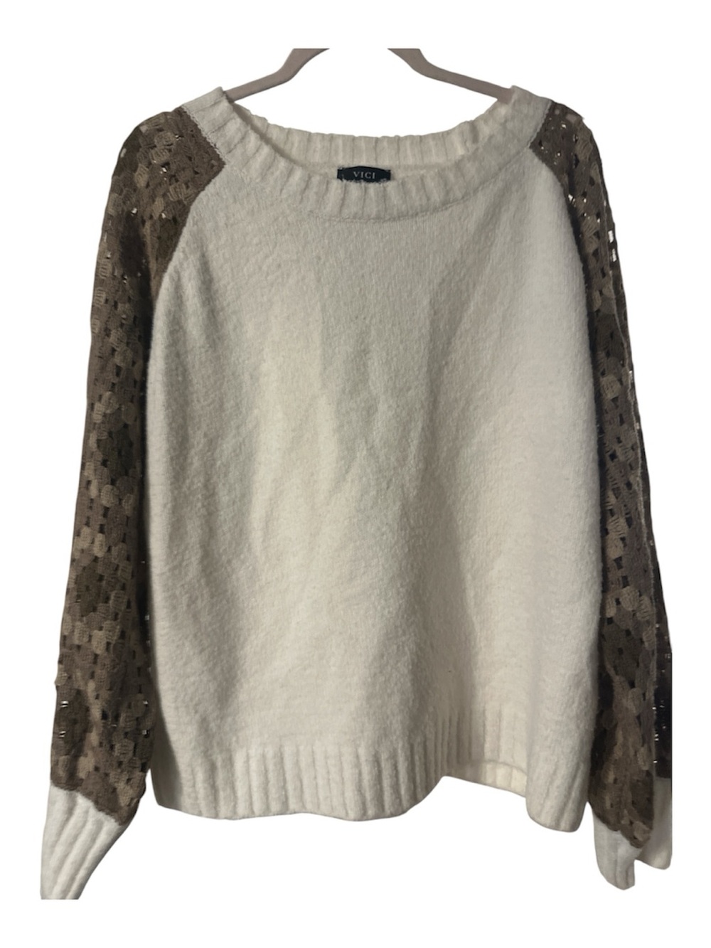 Vici Cream Pullover with Brown Lace crochet Sleeves xl poly spandex like new